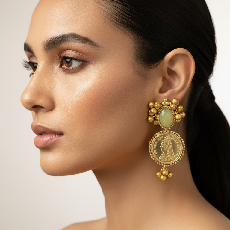 Gold earrings with light green gemstones