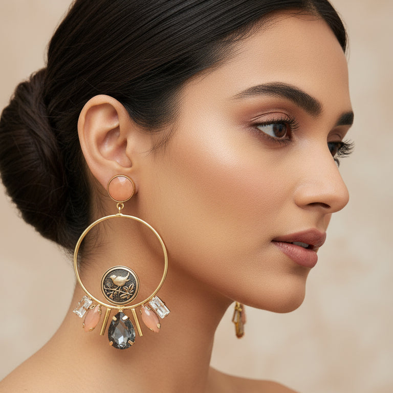 Gold hoop earrings with circular accents and gemstones