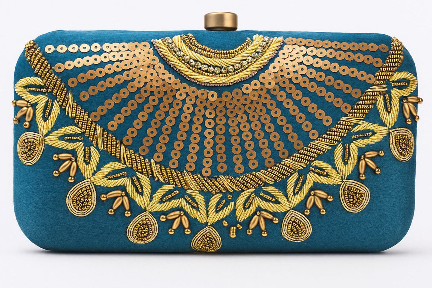 Blue clutch bag with gold embroidery and embellishments on a white background