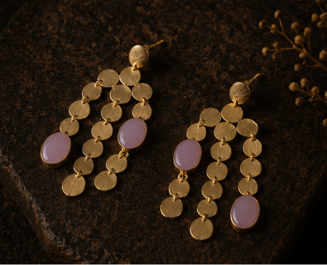 Gold-tone dangle earrings with layered circular coin-like discs and light pink oval drops, shown on a gold display stand, worn by a model in a side profile, and close-up on a dark textured surface.