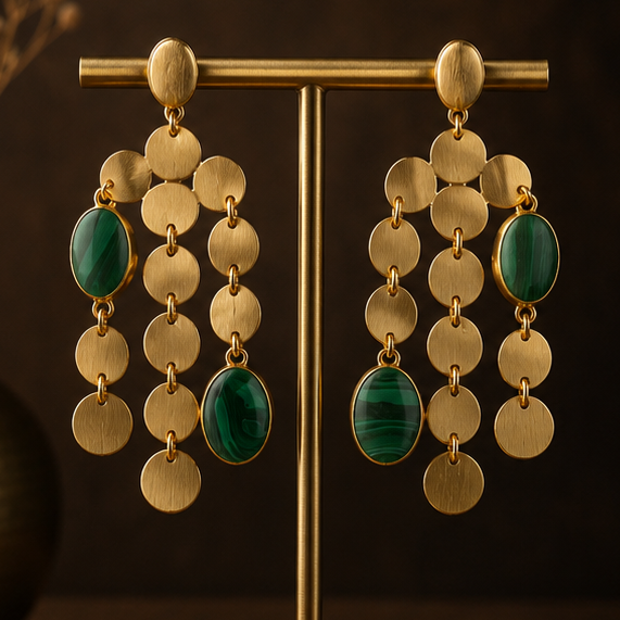 Gold-toned statement dangle earrings with oval gold disc drops and green stone accents, shown on a display stand and worn by a model in a dark warm-toned setting.