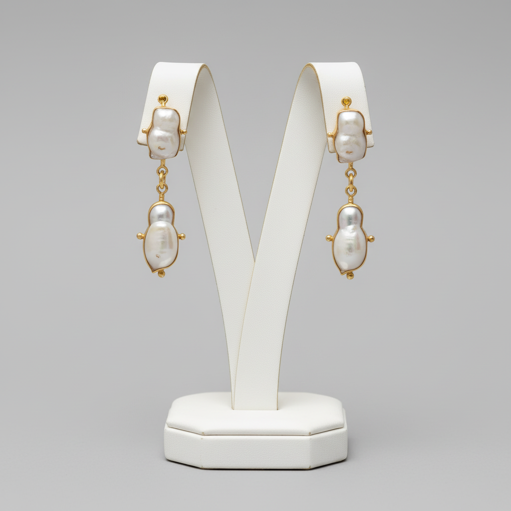 Close-up of a woman wearing pearl earrings with a dark background