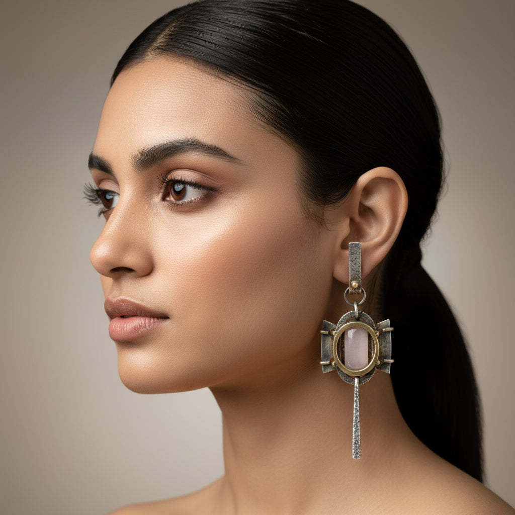 A pair of drop earrings featuring pink stones set in a silver and gold frame, displayed against a purple velvet background.