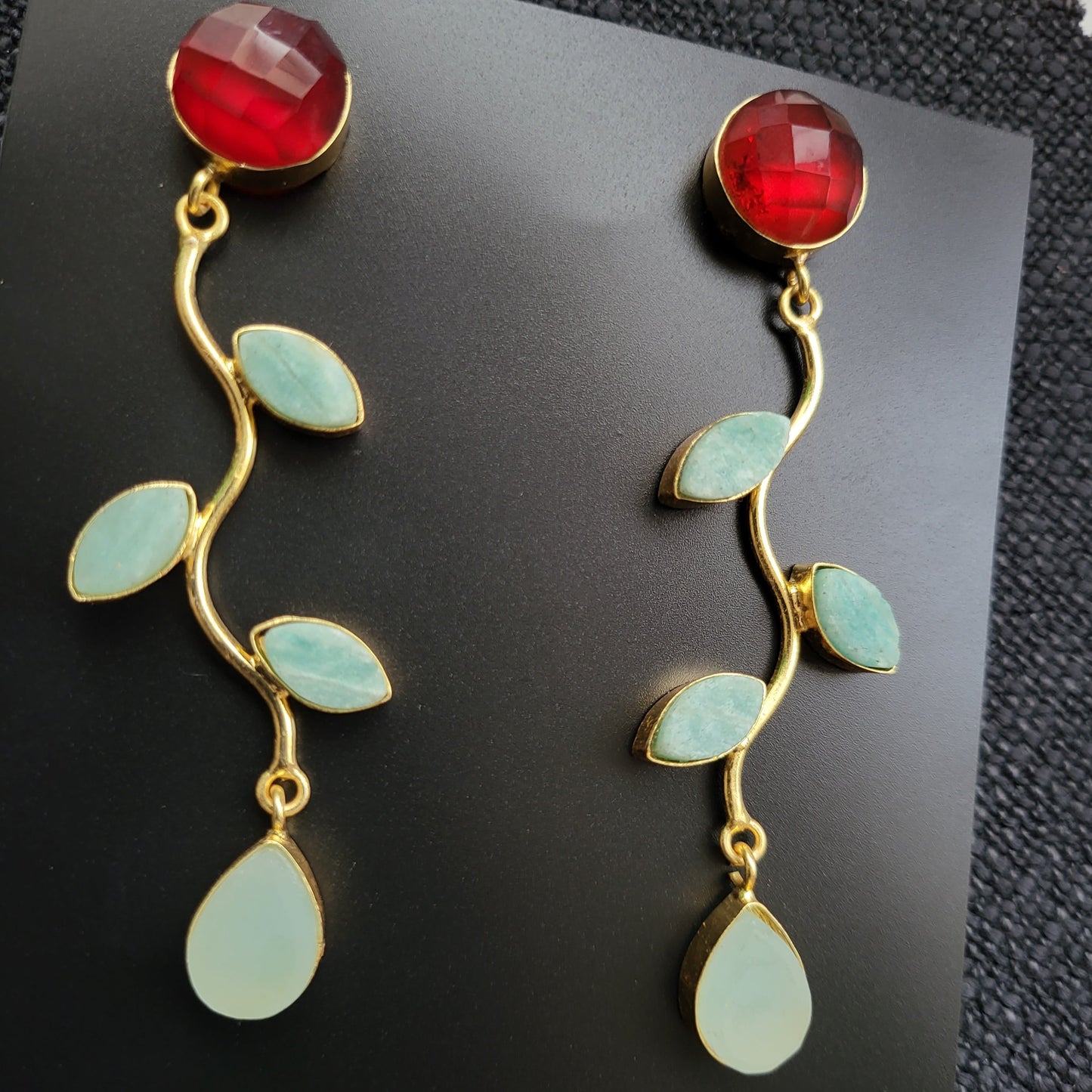 Unique combination Red stone and Green blue leaf earrings