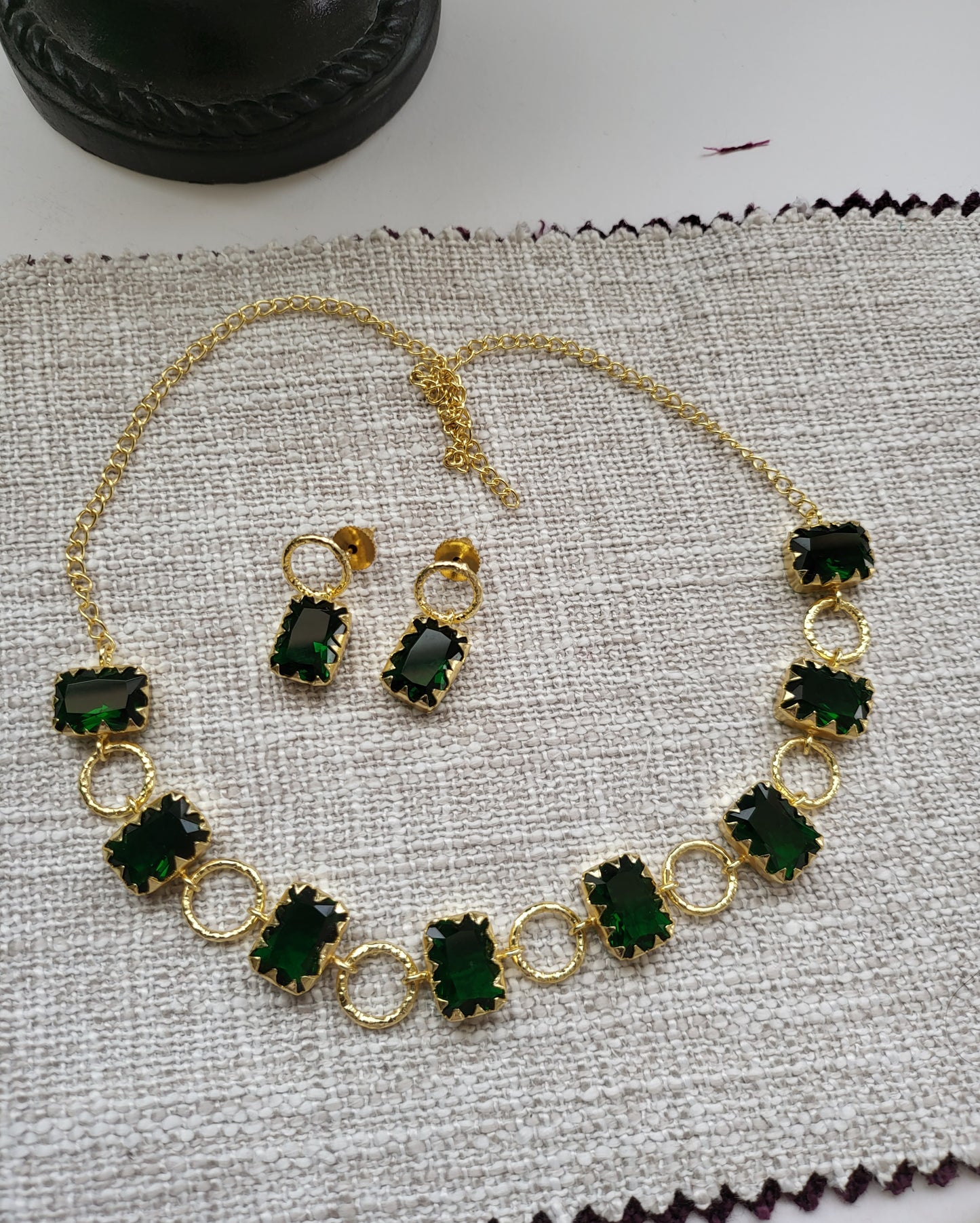 Square Green Stone Necklace Set