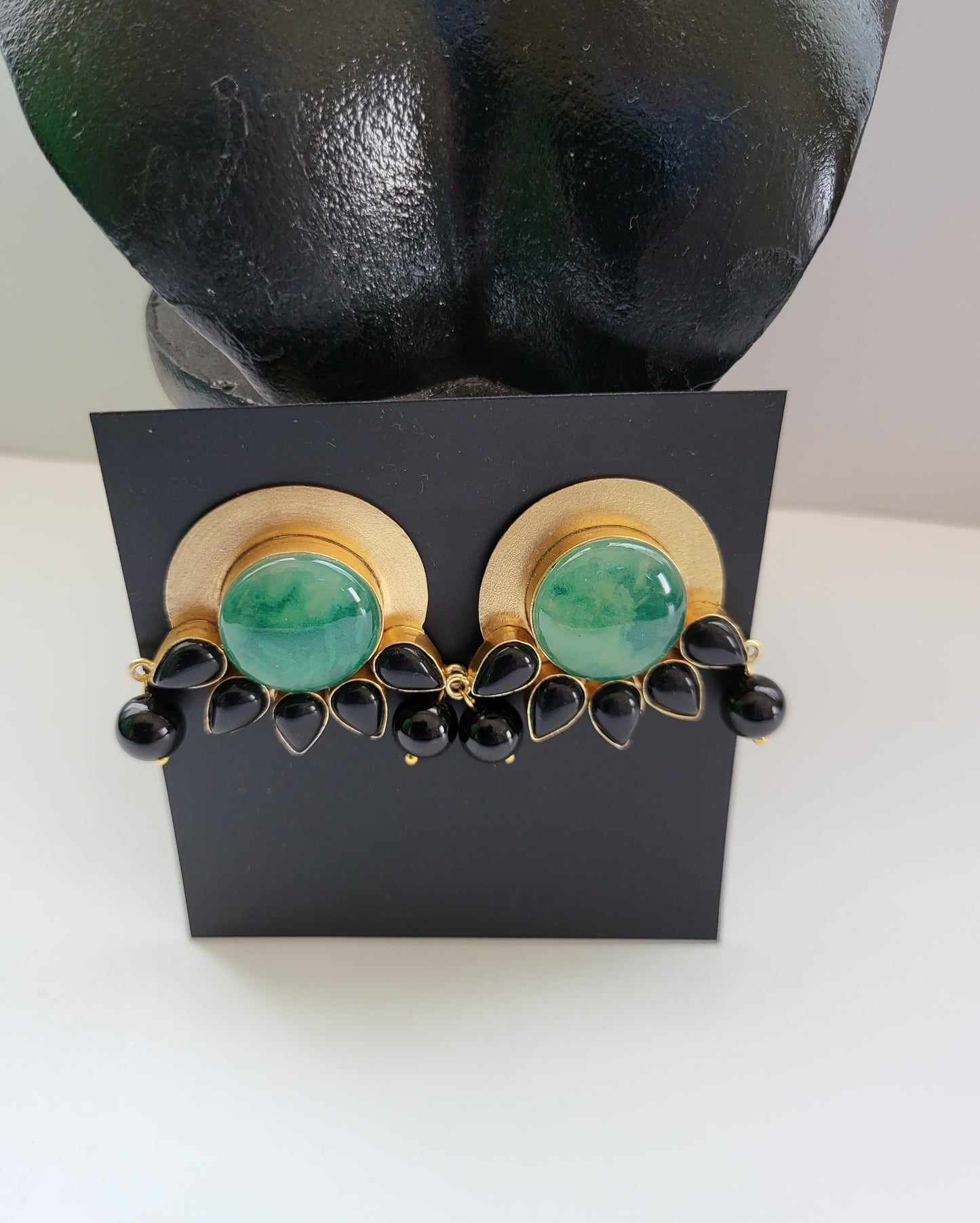Green Opal and Black Beads Earrings