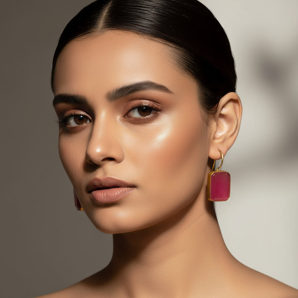 Pink Stone Brass Earrings