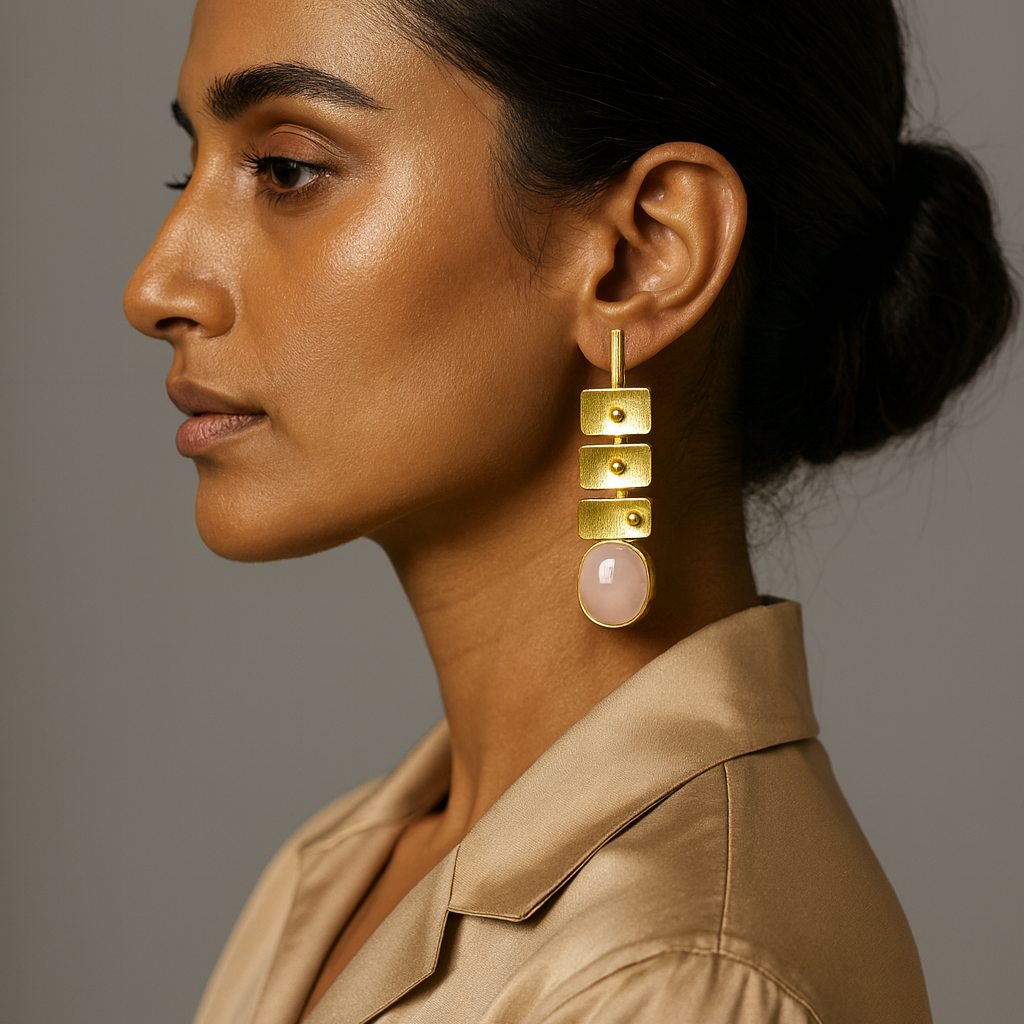 Woman wearing gold earrings with a pink gemstone 