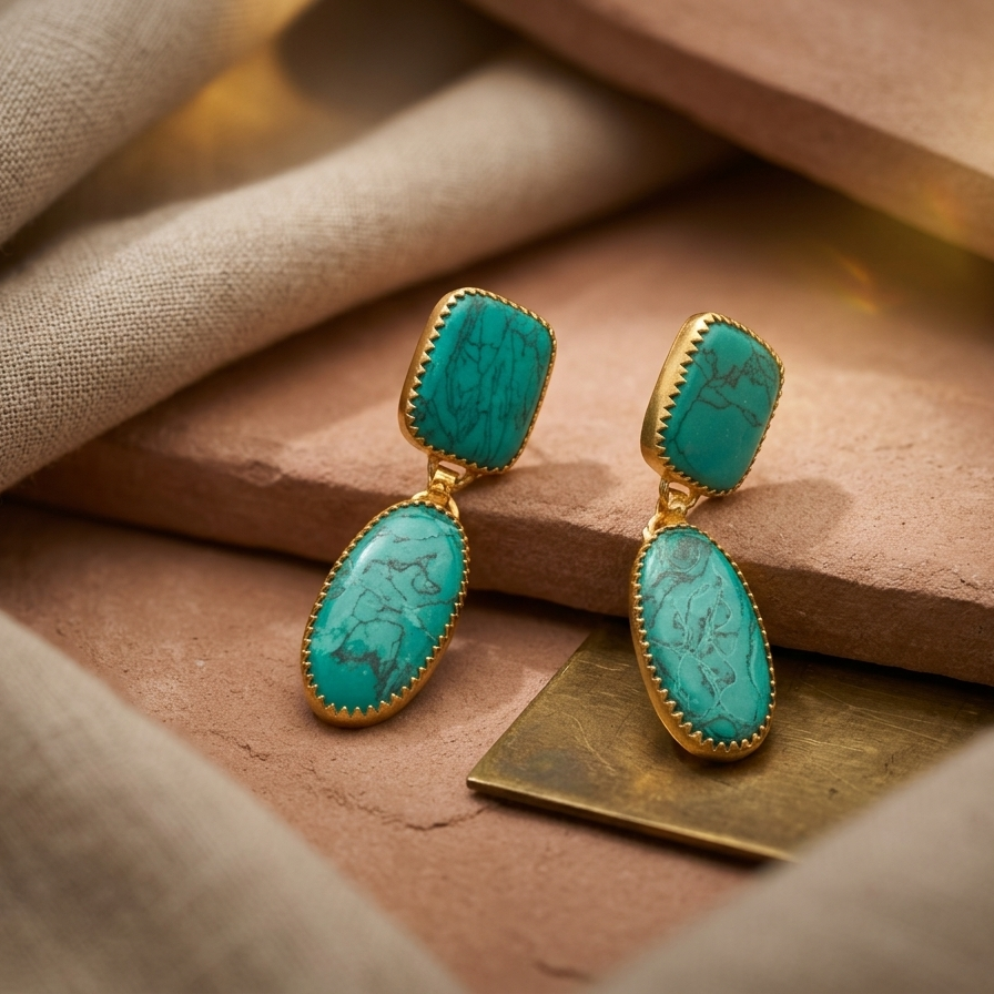 Turquoise earrings with gold accents on a textured surface