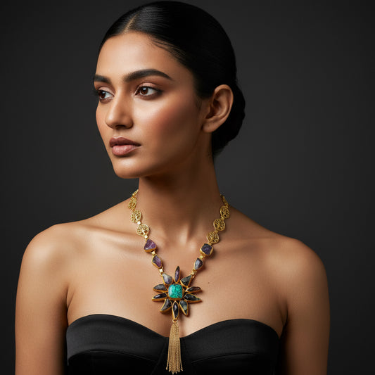 A long  Amethyst Necklace with a dash of green