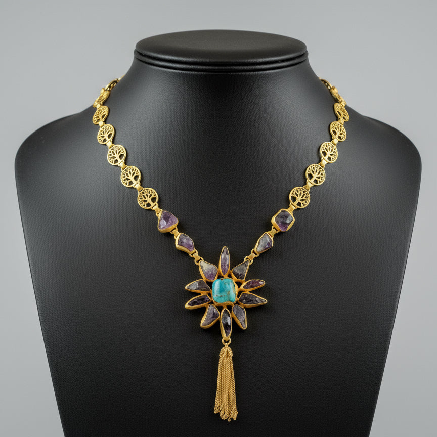 A long  Amethyst Necklace with a dash of green