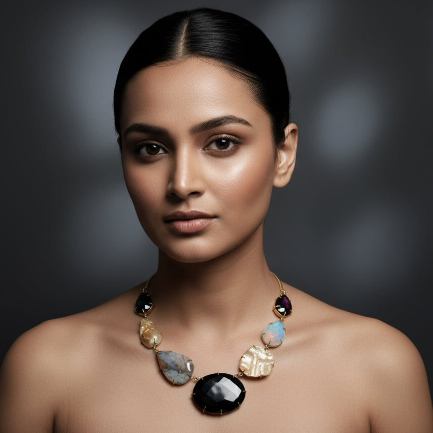 Necklace with multicolored stones on a background