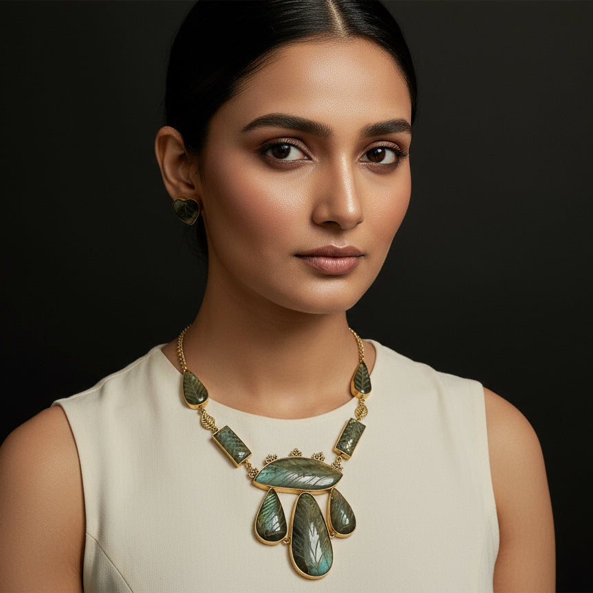 Labradorite Leaf Necklace Set