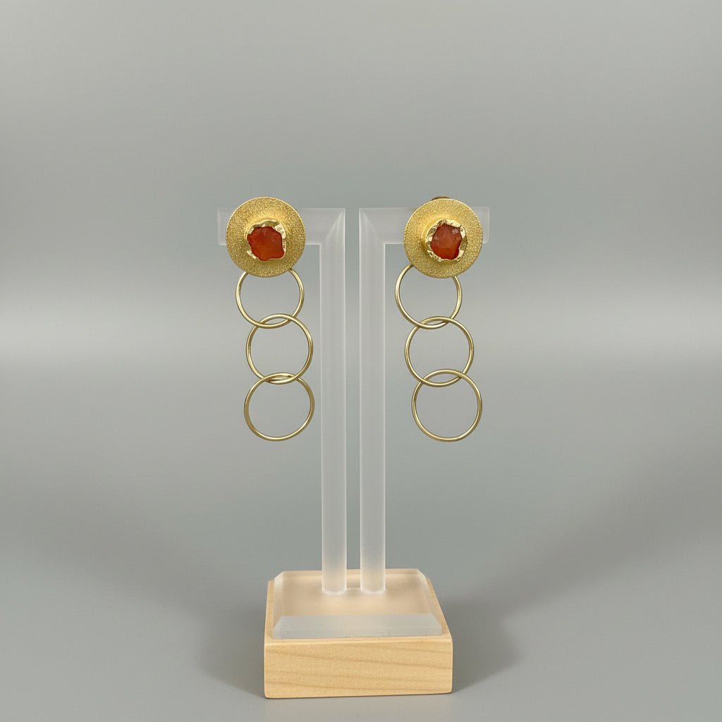 Pair of brass earrings with circular designs on a black background