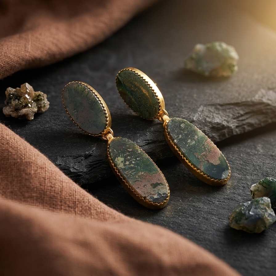 Gold earrings with green stones on a dark surface with fabric