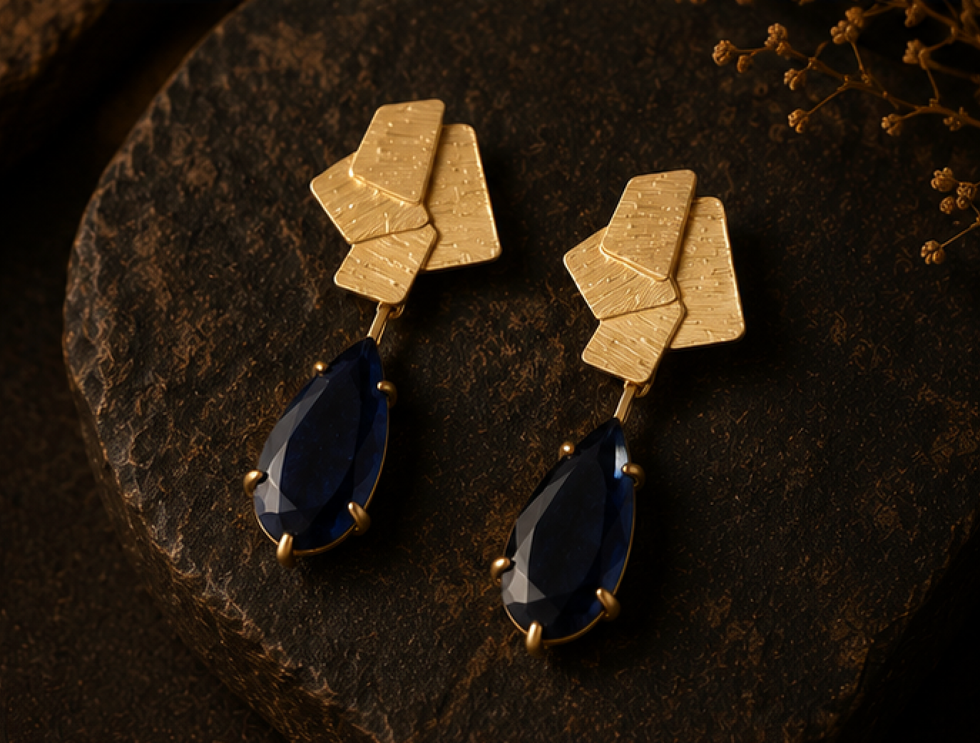 A pair of gold drop earrings with textured geometric posts and faceted dark blue teardrop gemstones, displayed on a dark textured stone surface.