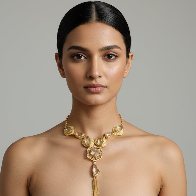 Gold necklace with tassel on a black satin background