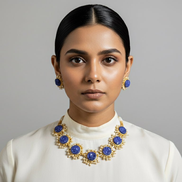 Woman wearing a necklace and earrings against a black background