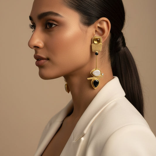 Long  Brass Earrings With Mother of Pearl and Black Stone