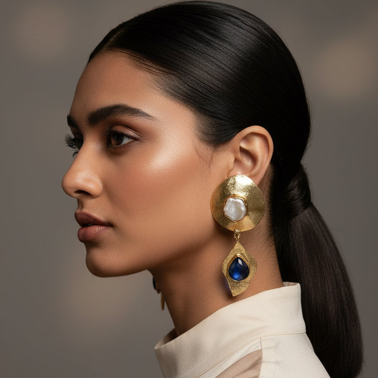 Pair of gold earrings with gemstones 