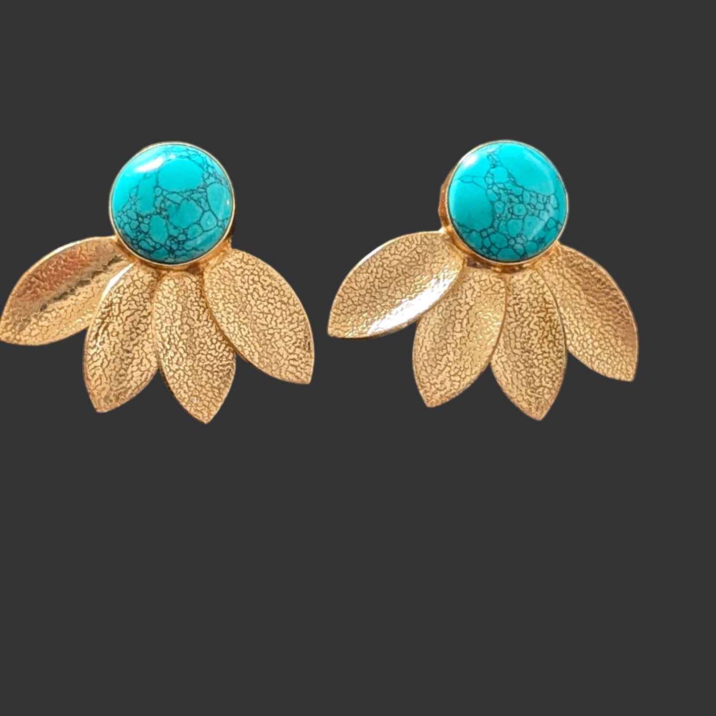 Pair of earrings with turquoise stones and gold leaf-like designs on a black card.