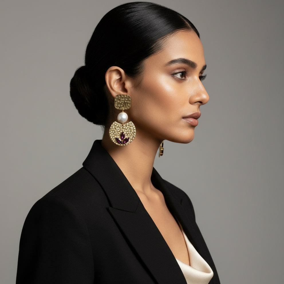 Gold earrings with round pearls and purple gemstones 