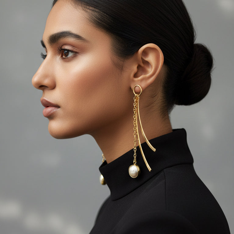 Pair of gold earrings with pearl drops on a 