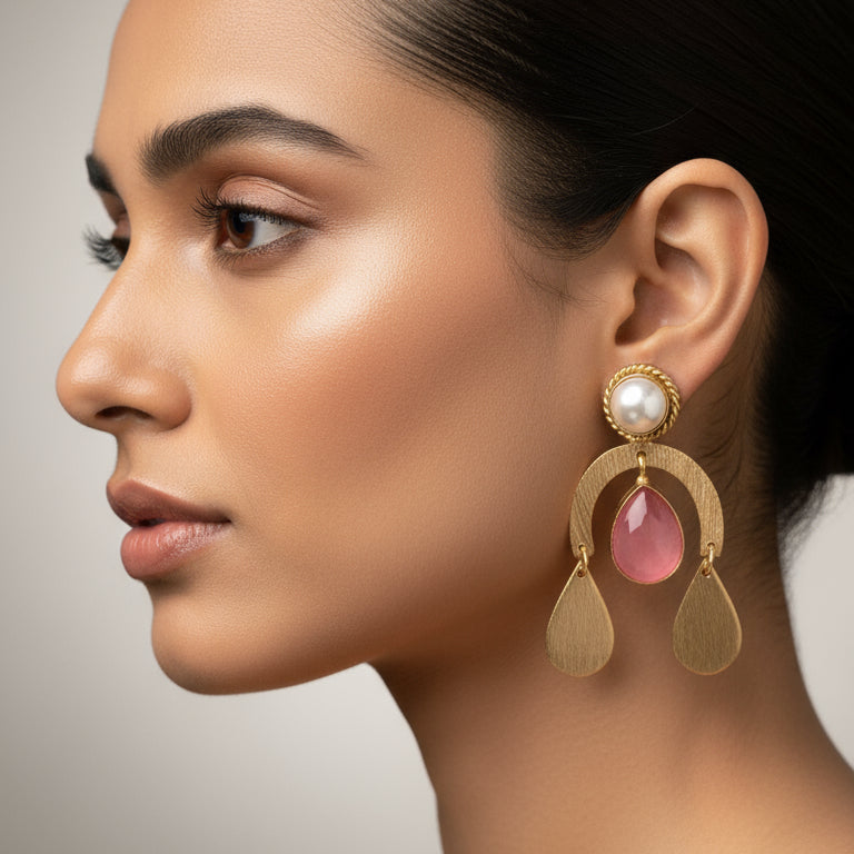 Pearl Earrings with Pink stone drop 