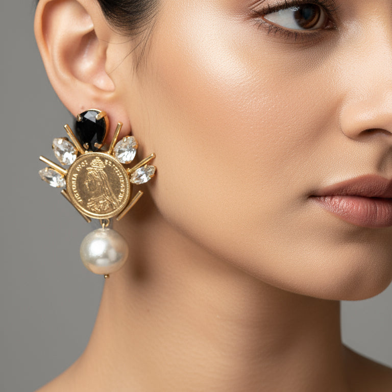 Back stone with peal and queen coin with cut stones  earrings 