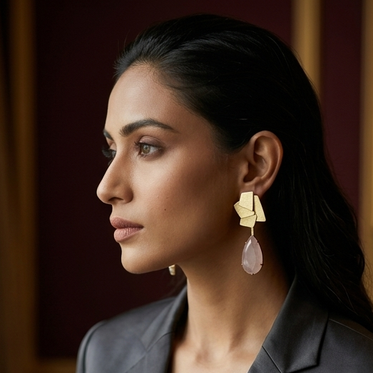 a pair of gold geometric drop earrings with pink teardrop stones on a display stand, a close-up of the earrings laid out, and a woman in a dark blazer wearing the earrings.