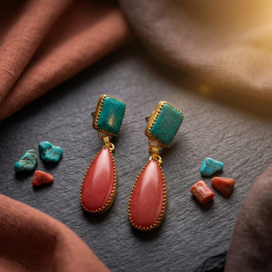 Turquoise and red earrings on a dark surface with fabric around