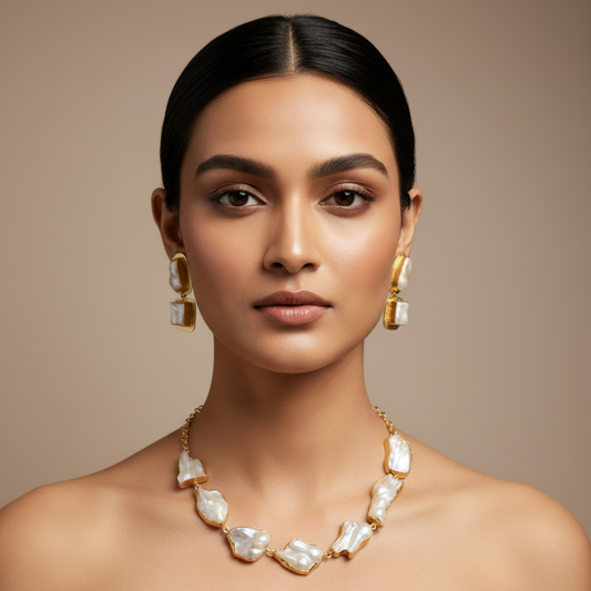 Pearl necklace and earrings set on a black background