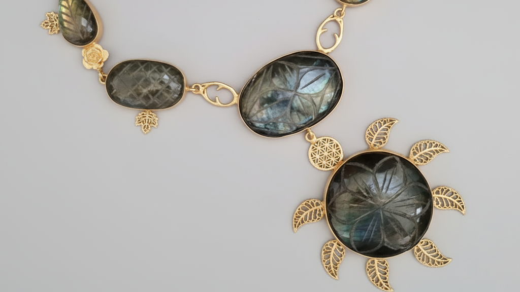 Necklace with leaf-shaped stones on a dark fabric background