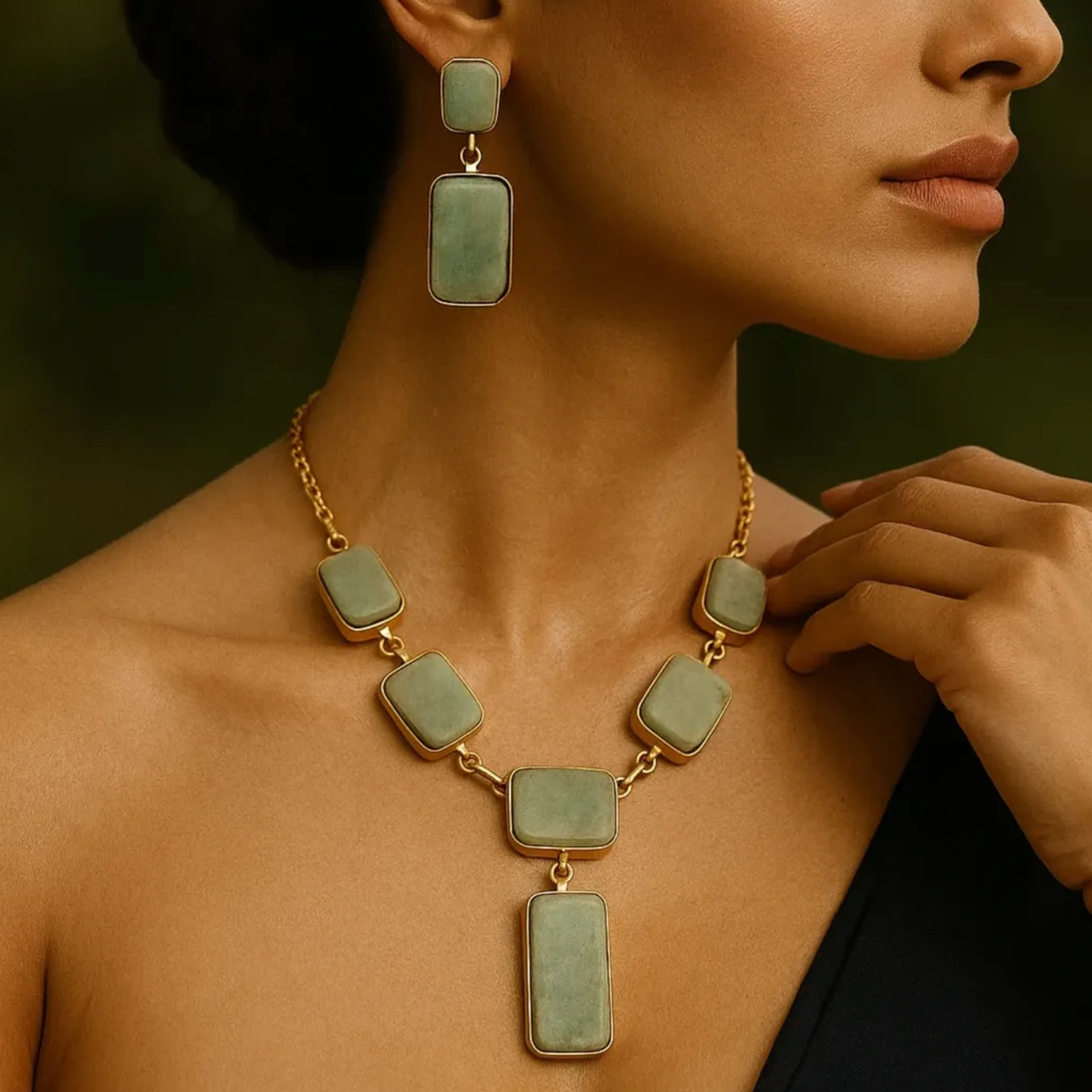 Woman wearing a gold necklace with green gemstones against a dark background