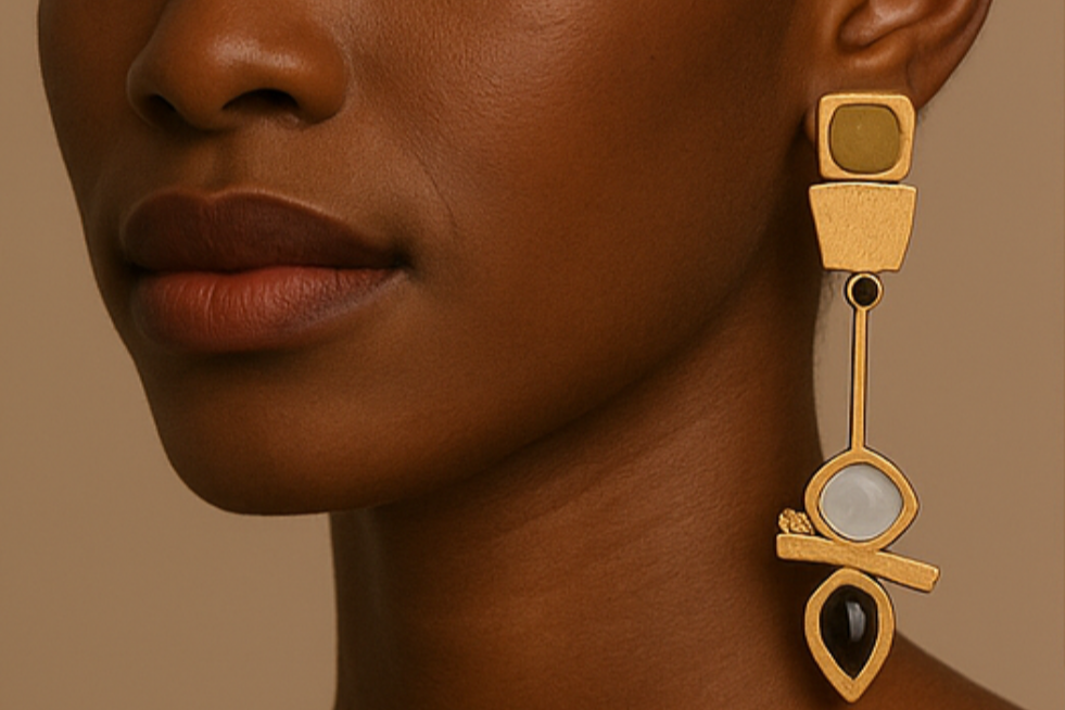 Brass earrings with mother of pearl and black stone