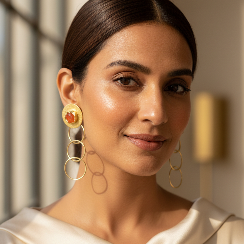 A pair of gold drop earrings with textured circular studs featuring irregular orange-red gemstone centers, connected by three interlocking gold rings, displayed on clear acrylic stands against a gray background.
