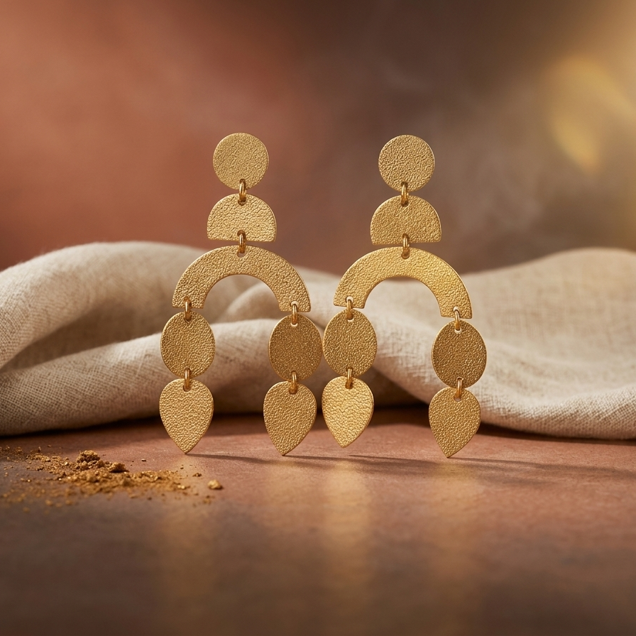 Gold earrings on a textured surface with a soft focus background