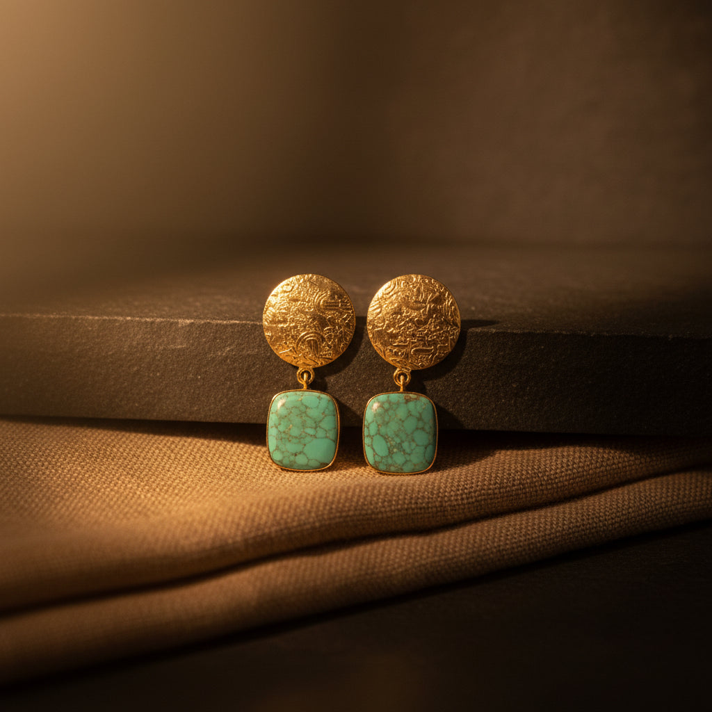A pair of gold-toned dangle earrings with textured circular studs and square turquoise-blue stone drops, shown on a solid black background.