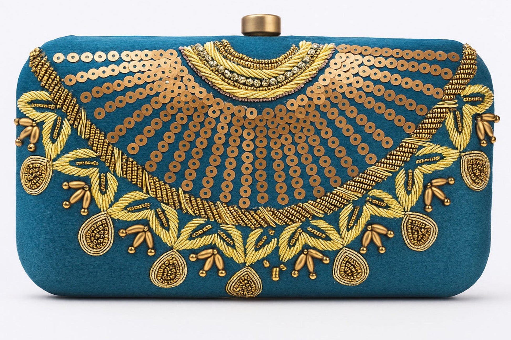 Blue clutch bag with gold embroidery and embellishments on a white background