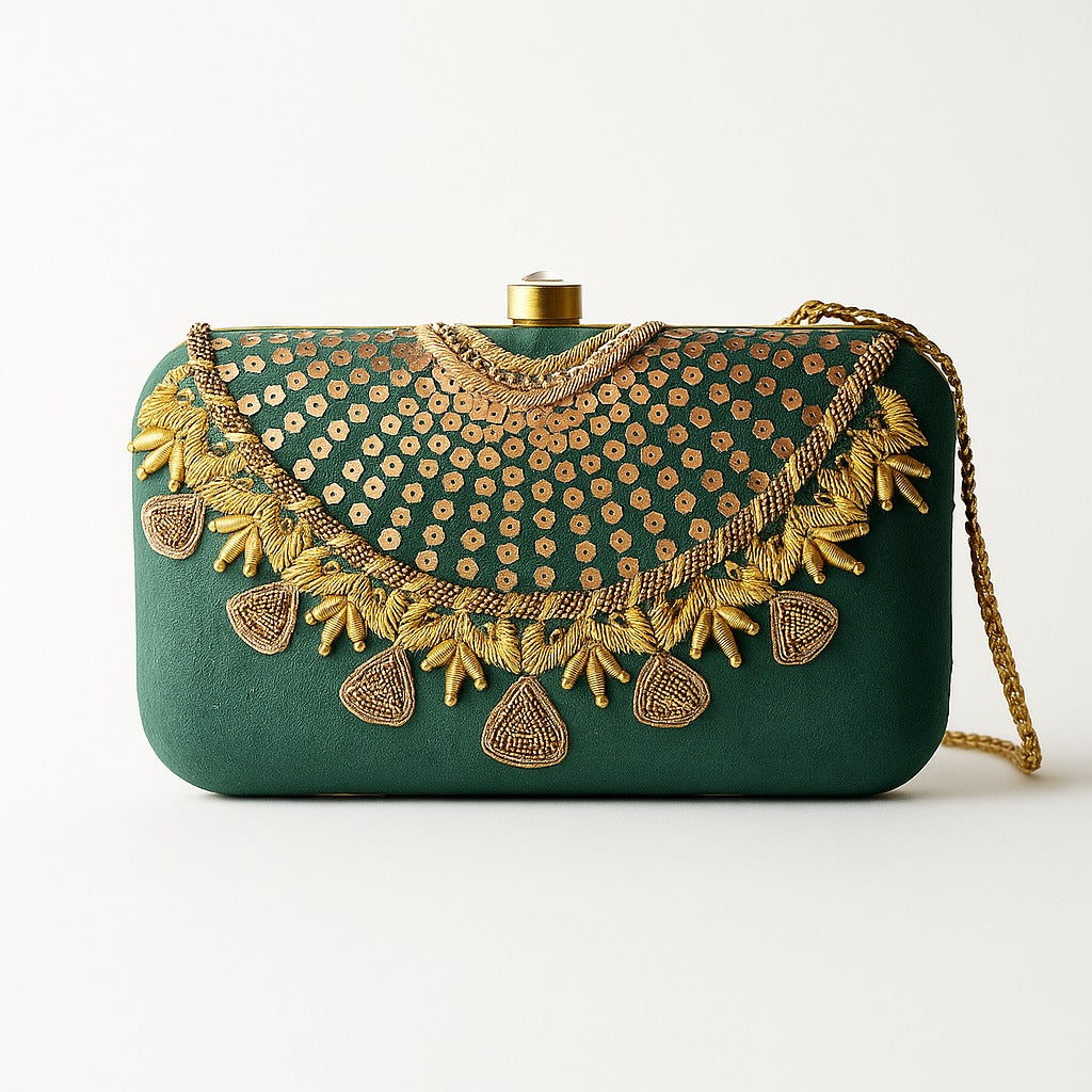 Green Embroidery Clutch Handbag