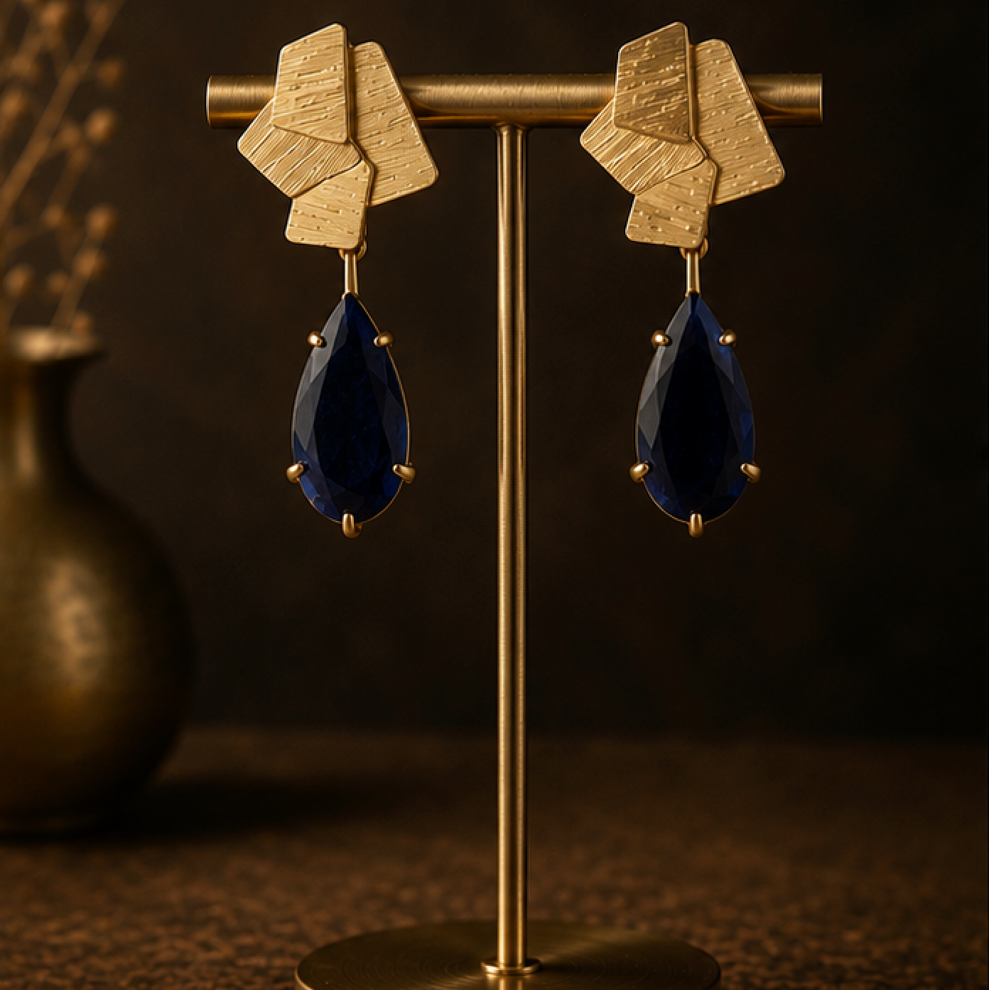 A pair of gold drop earrings with layered geometric gold studs and deep blue teardrop-shaped drops, displayed on a gold stand against a dark brown background.