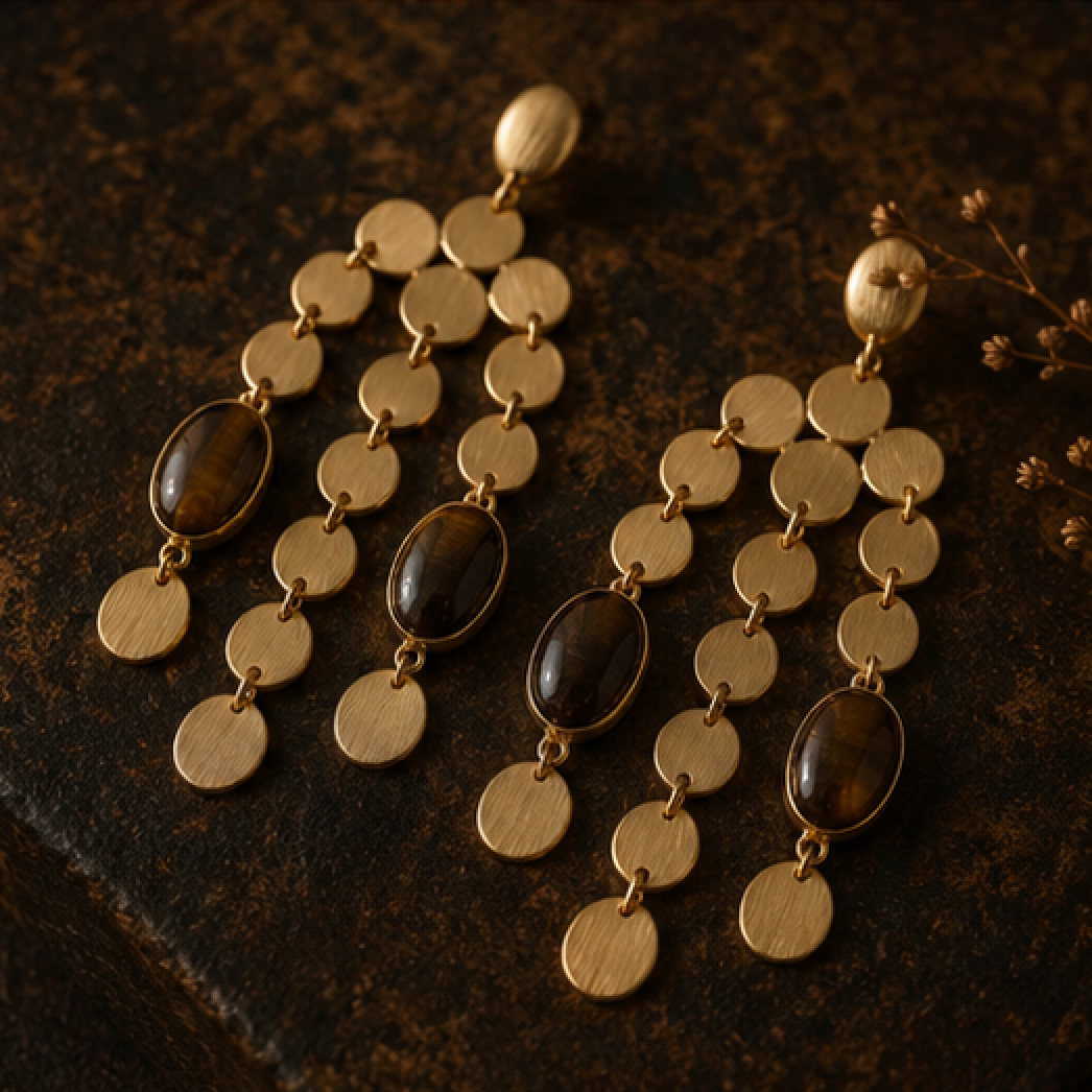 A pair of gold-toned dangle earrings with multiple round disc charms and oval dark brown stone accents, displayed on a dark textured surface.
