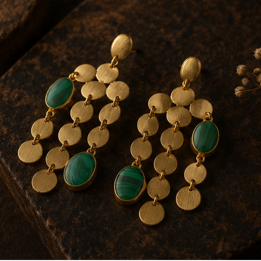 Gold-toned statement dangle earrings with oval gold disc drops and green stone accents, shown on a display stand and worn by a model in a dark warm-toned setting.