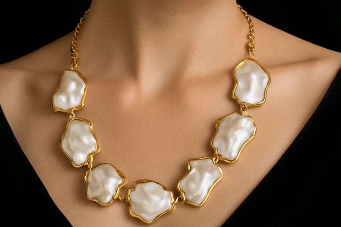 Woman wearing a pearl necklace and earrings against a black background