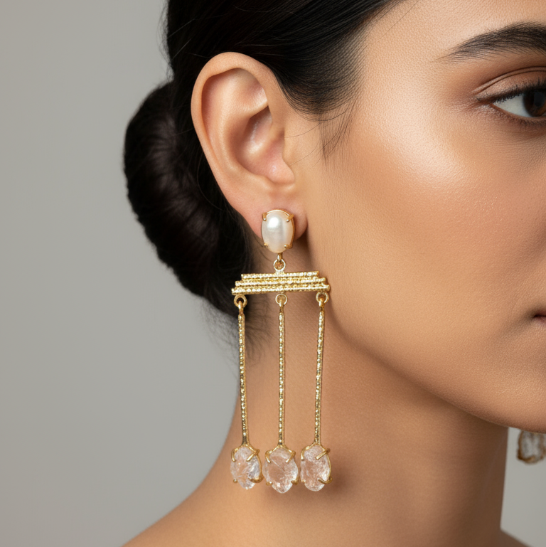 Close-up of a woman wearing gold earrings with dangling crystals against a neutral background
