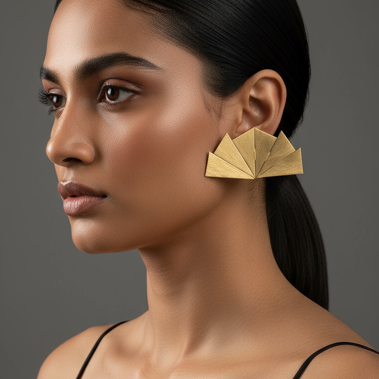 Woman wearing gold earrings against a gray background