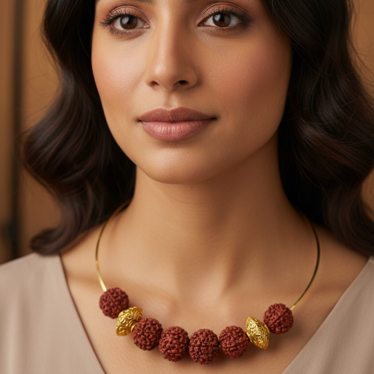 Woman wearing a necklace with rudrasksh and gold accents against a warm-toned background