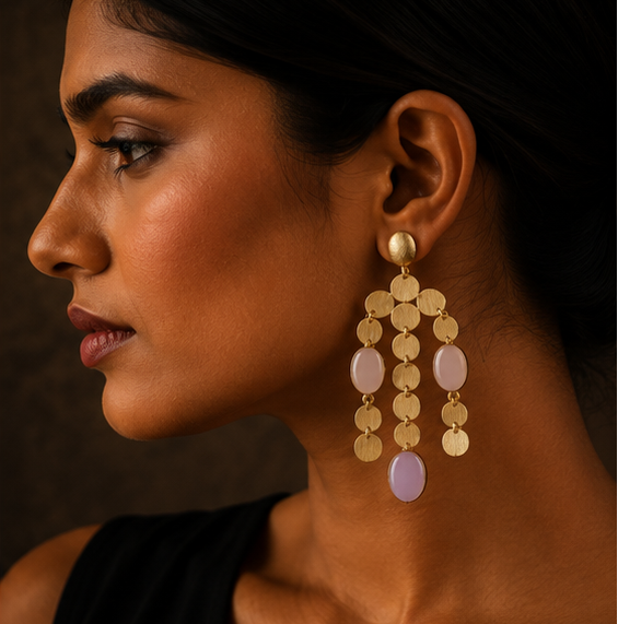 Gold-tone dangle earrings with layered circular coin-like discs and light pink oval drops, shown on a gold display stand, worn by a model in a side profile, and close-up on a dark textured surface.