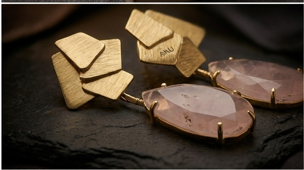 A split collage showing a pair of gold geometric drop earrings with pink teardrop stones on a display stand, a close-up of the earrings laid out, and a woman in a dark blazer wearing the earrings.