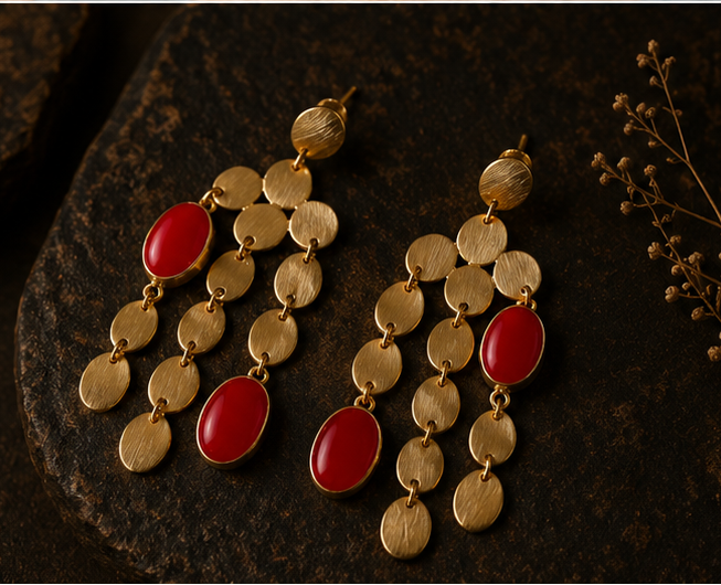 Gold-toned statement earrings with dangling oval and round gold discs and red teardrop beads, shown on a display stand, worn by a model in profile, and laid flat on a dark textured surface.